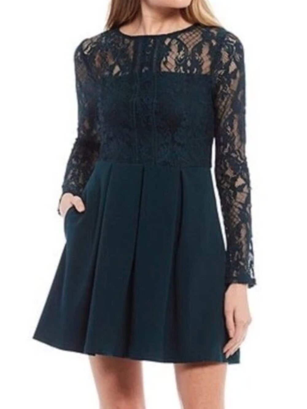 NEW XTRAORDINARY Long Sleeve Green Lace Illusion Party Mini Skater Dress JUNIORS